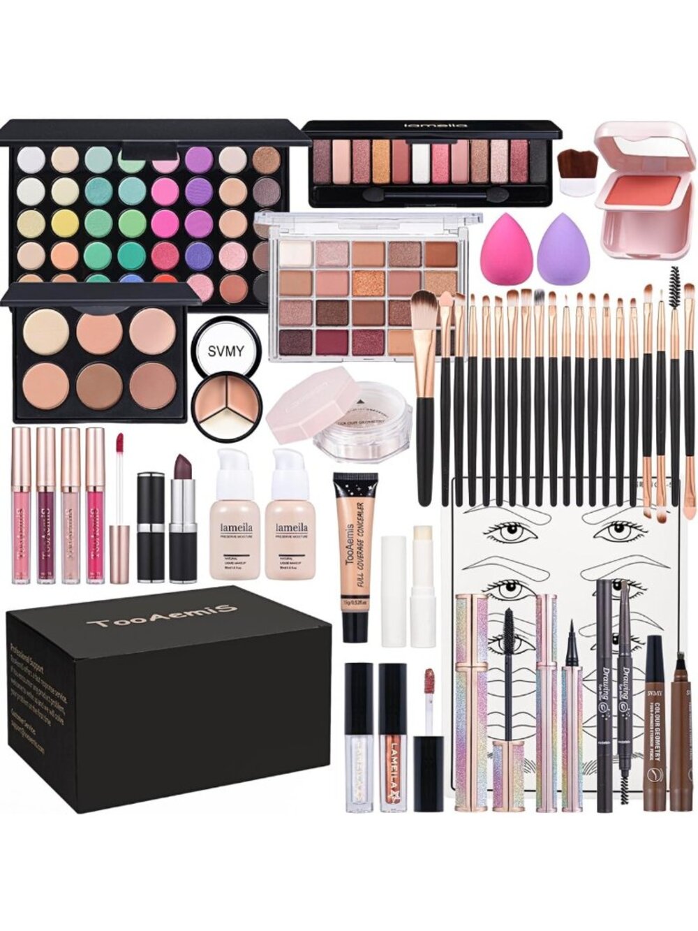 Complete Makeup Set for Women: Eyeshadow, Liquid Foundation, Lipstick & Brushes
